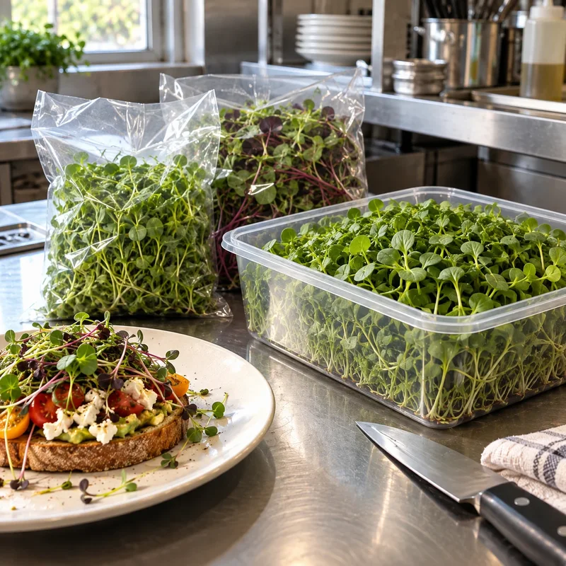Bags of fresh microgreens packed for a restaurant kitchen