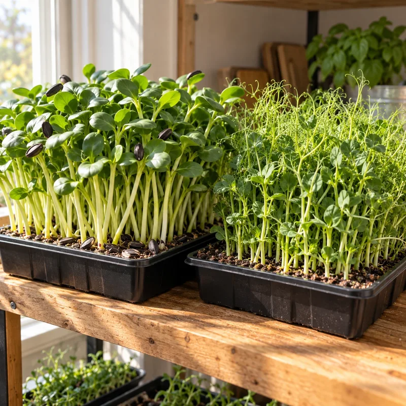 Tall sunflower and pea shoots growing in a tray