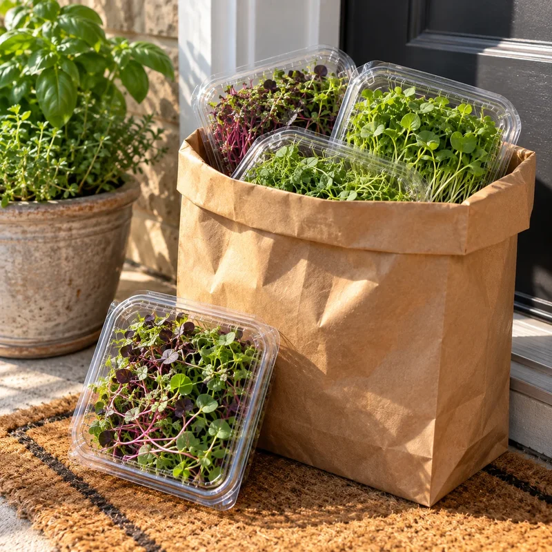 A small paper bag with several microgreen clamshells for a weekly delivery