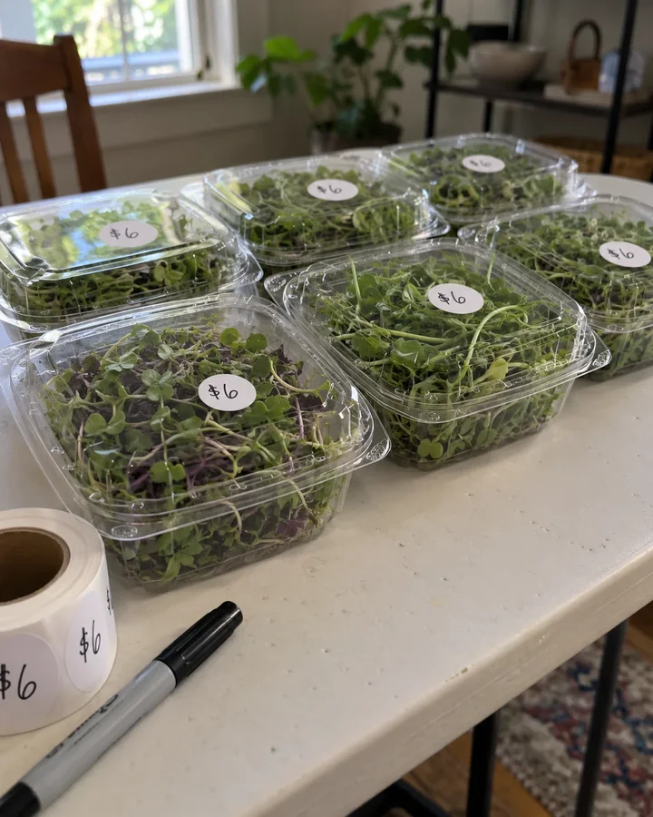 Labeled clamshells of microgreens with small price stickers