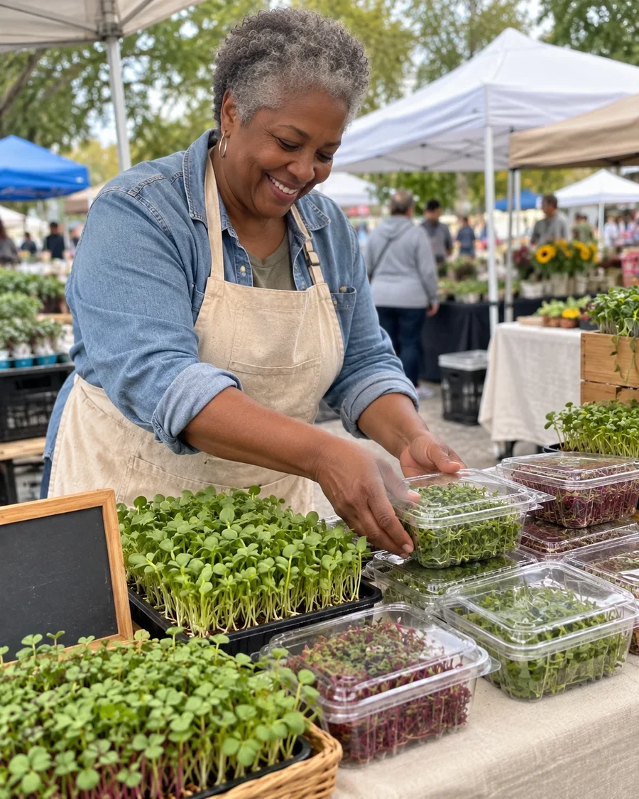 A grower arranging clamshells of microgreens on a small farmers market table