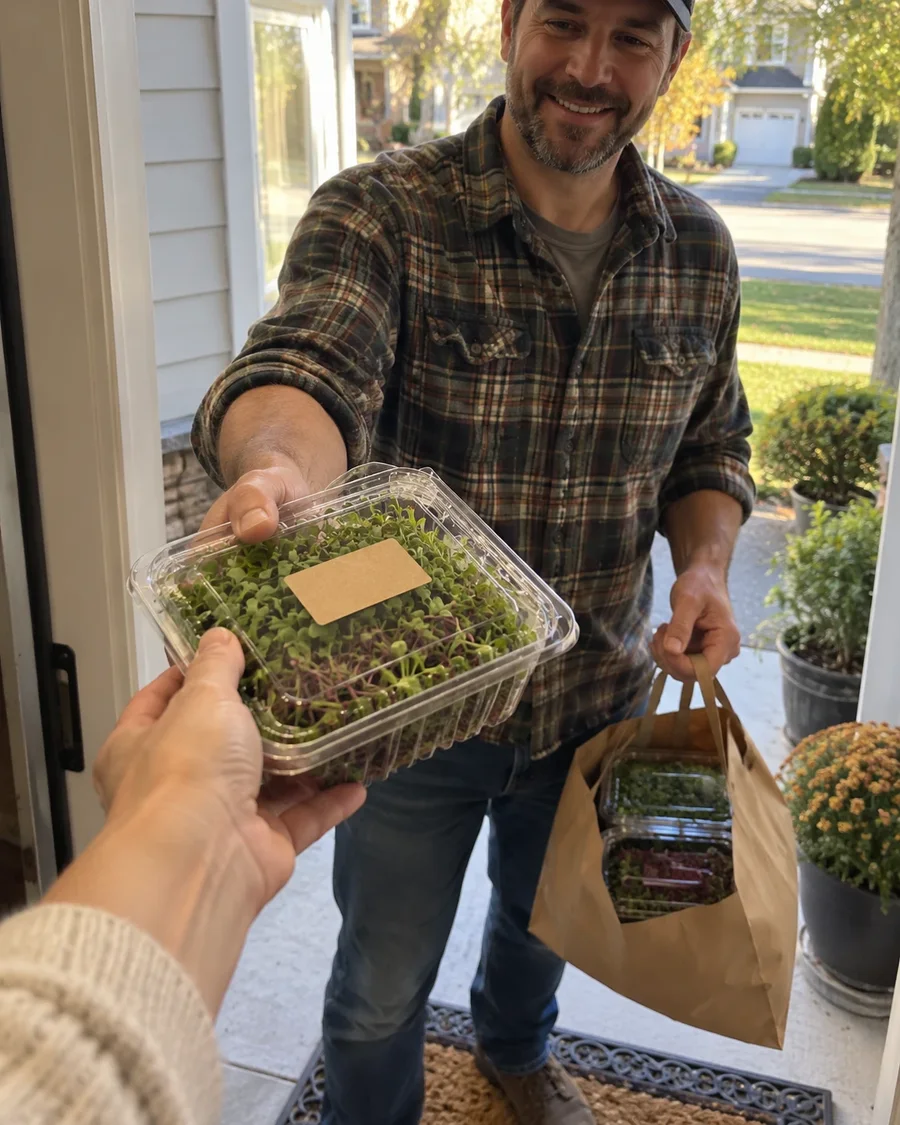 Handing a clamshell of fresh microgreens to a neighbor at the front door